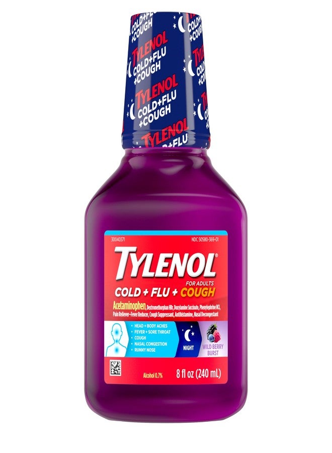 Tylenol Cold + Flu + Cough Night Liquid Medicine with Acetaminophen Pain Reliever & Fever Reducer, Cough Suppressant, Nasal Decongestant & Antihistamine, Wild Berry Burst Flavor, 8 fl. oz - Image 1